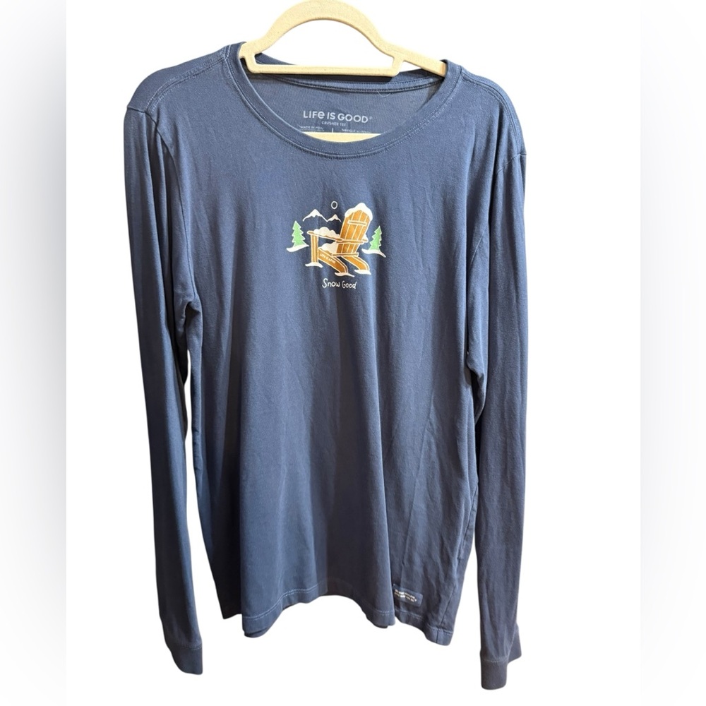 Life‎ Is Good Crusher Tee “Snow Good” Blue Graphic Tee Christmas Winter Sz L
